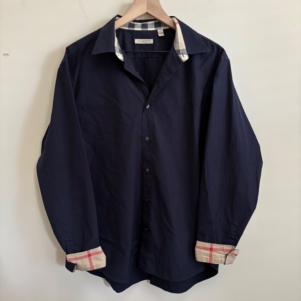 Burberry Brit Mens XXL Navy Blue Nova Check Cuff Button Down Shirt Long Sleeve
